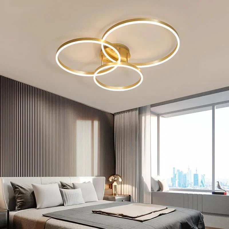Household Gold Led Chandeliers 3 Circle Bedroom Metal Living Dining Room Lighting Chandelier Brown Glossy Lamp Home Indoor Lamps