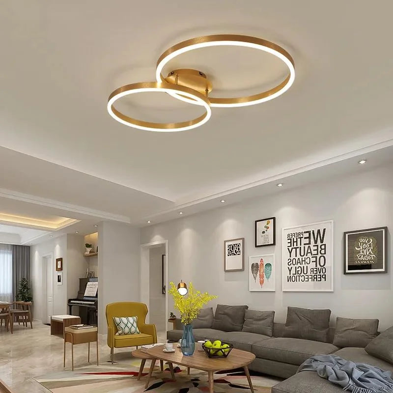 Household Gold Led Chandeliers 3 Circle Bedroom Metal Living Dining Room Lighting Chandelier Brown Glossy Lamp Home Indoor Lamps